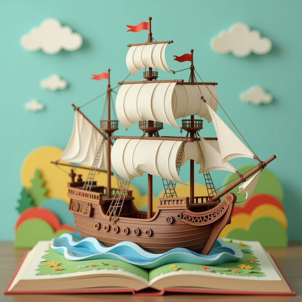 Majestic Ship in a Whimsical Pop-Up Book Landscape