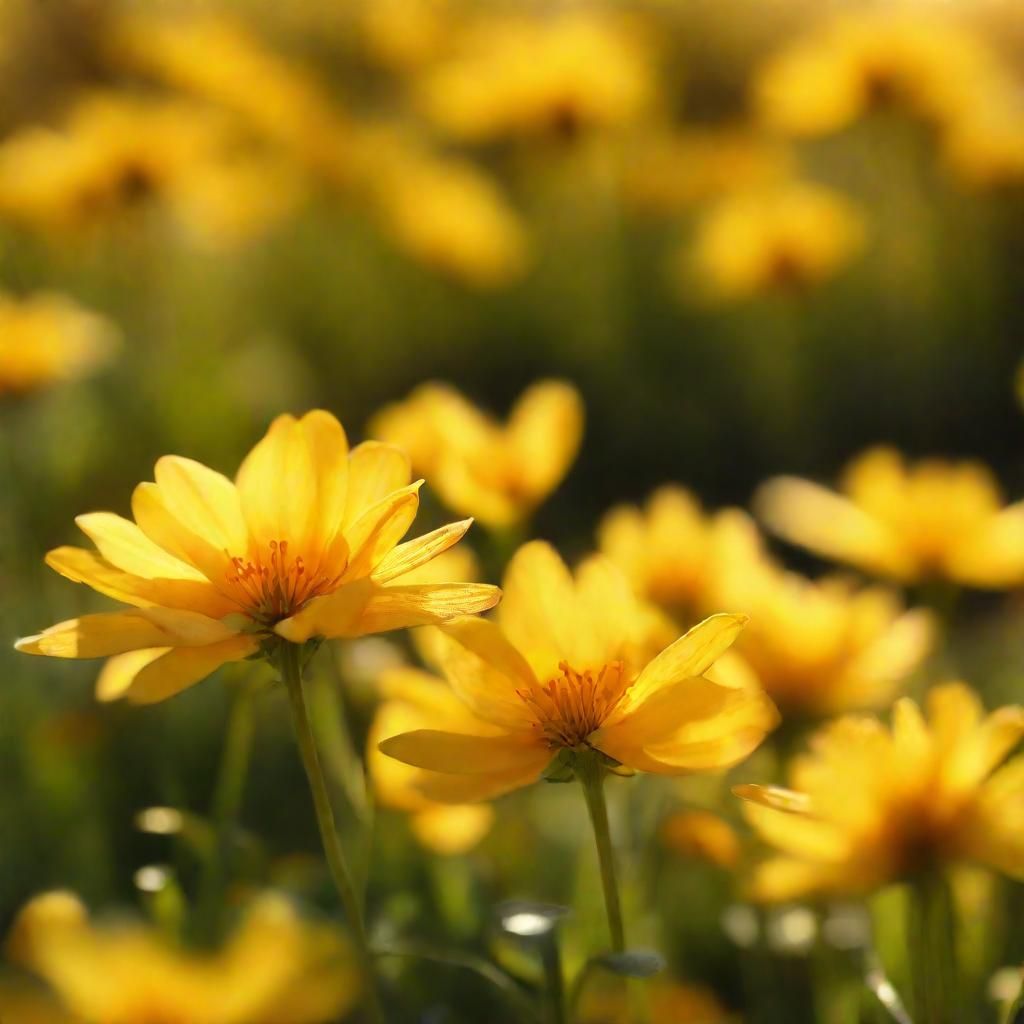 Radiant Yellow Flowers Swaying in Sunlight: Macro Shot