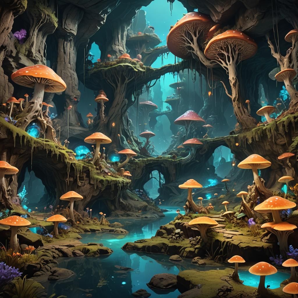 Bioluminescent Fungi in Whimsical Underground World