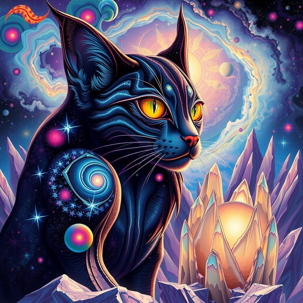 Cosmic Feline Entity in Vibrant Dreamscape