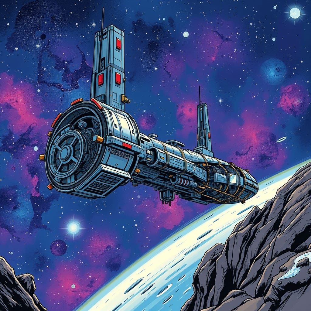 Detailed Space Station in Comic Style with Stars