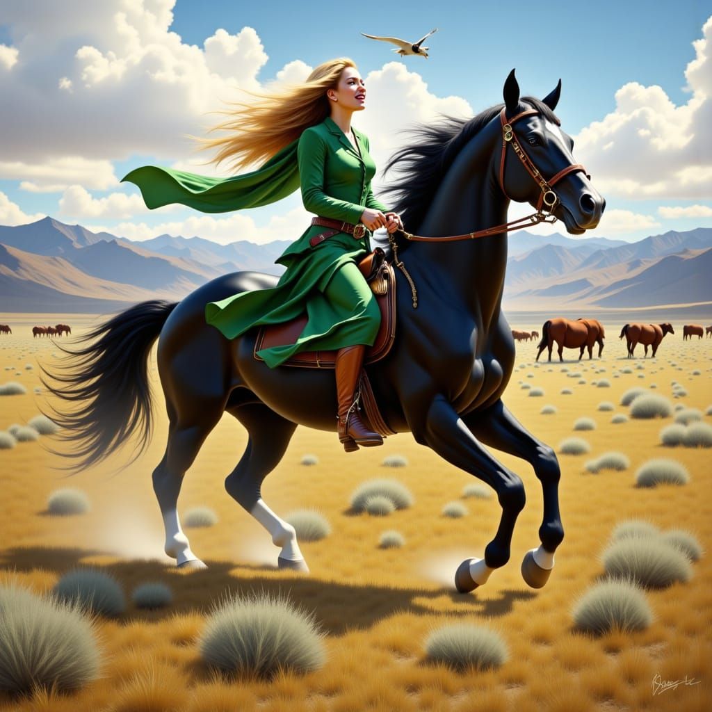 Woman on Horseback in Wyoming, Airbrush Art