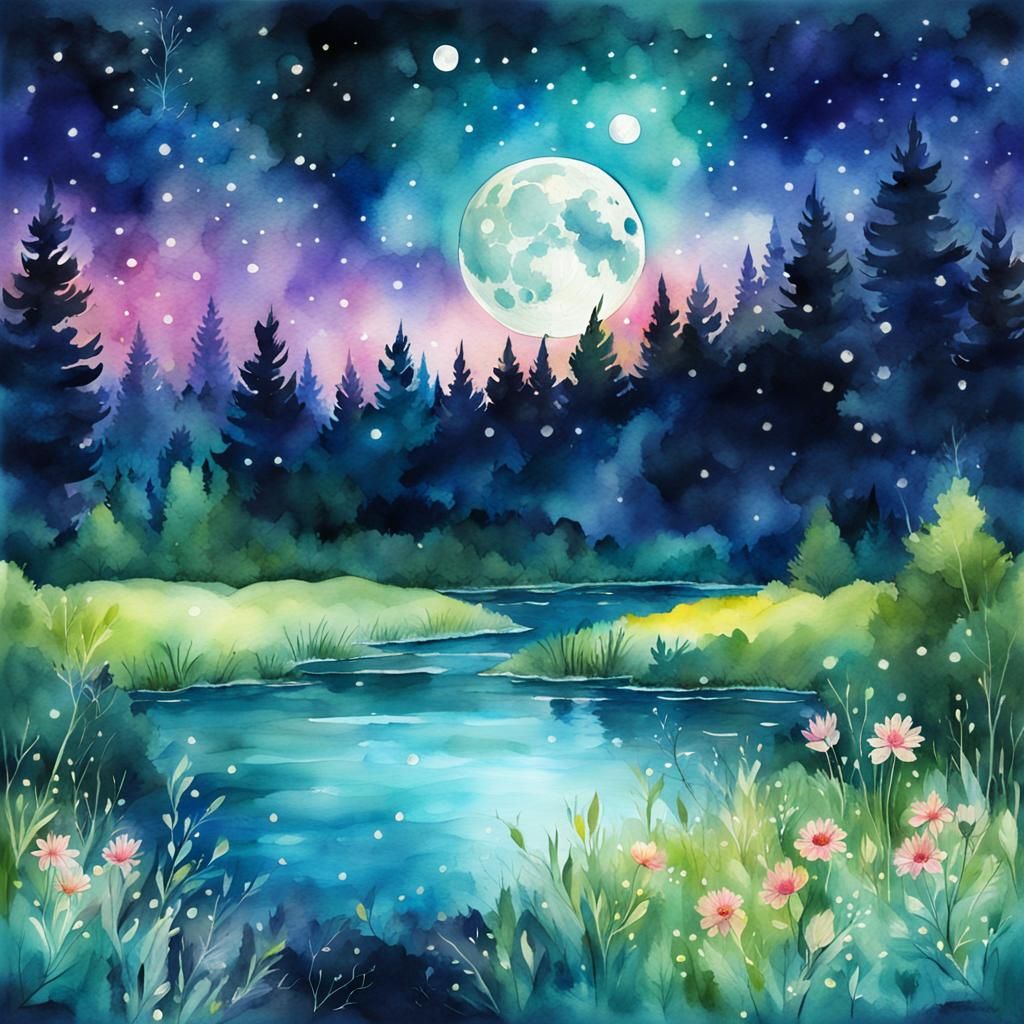 Moonlit Meadow Under a Starry Sky