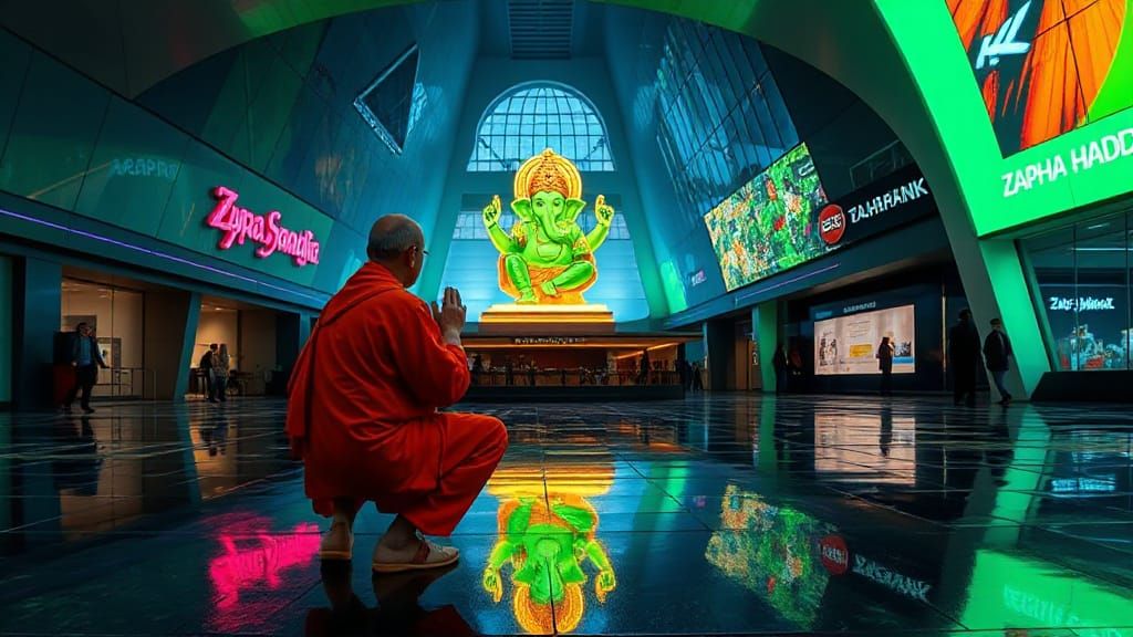 Cyberpunk Swami Worships Ganesha in Futuristic City
