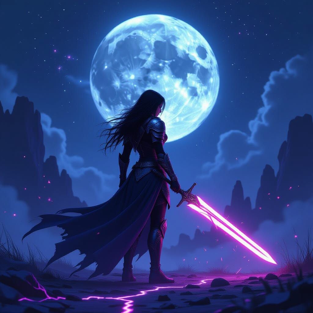 Female Warrior Raises Glowing Sword Under Fractured Moon