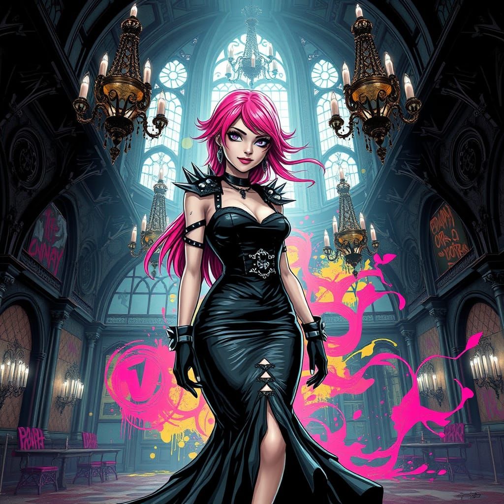 Cyberpunk Princess in Gothic Ballroom