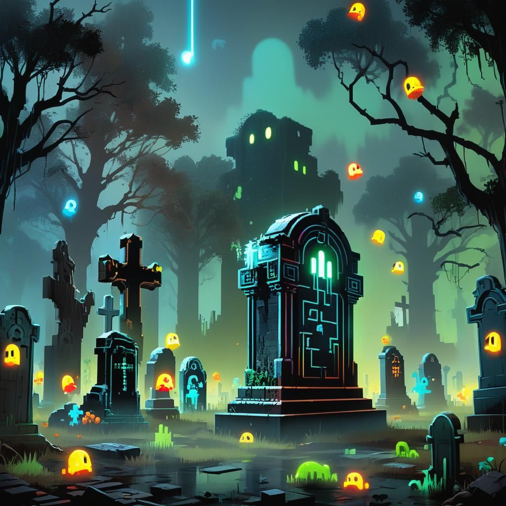 Neon Pixel Art of Blinky in Cemetery