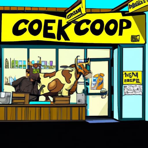 Cow Robbing Grocery Store in Comic Book Art Style