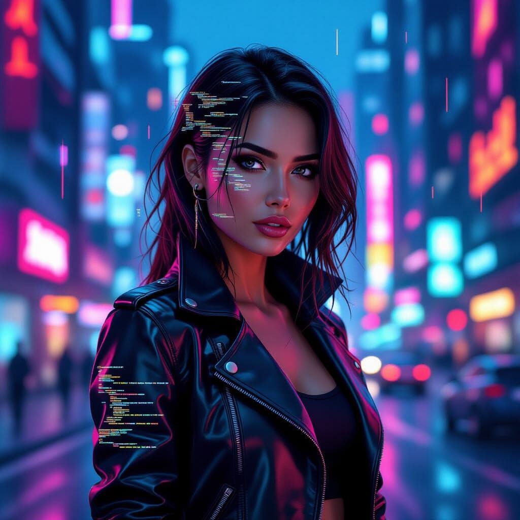 Futuristic Glitch Art Portrait in a Neon Cityscape