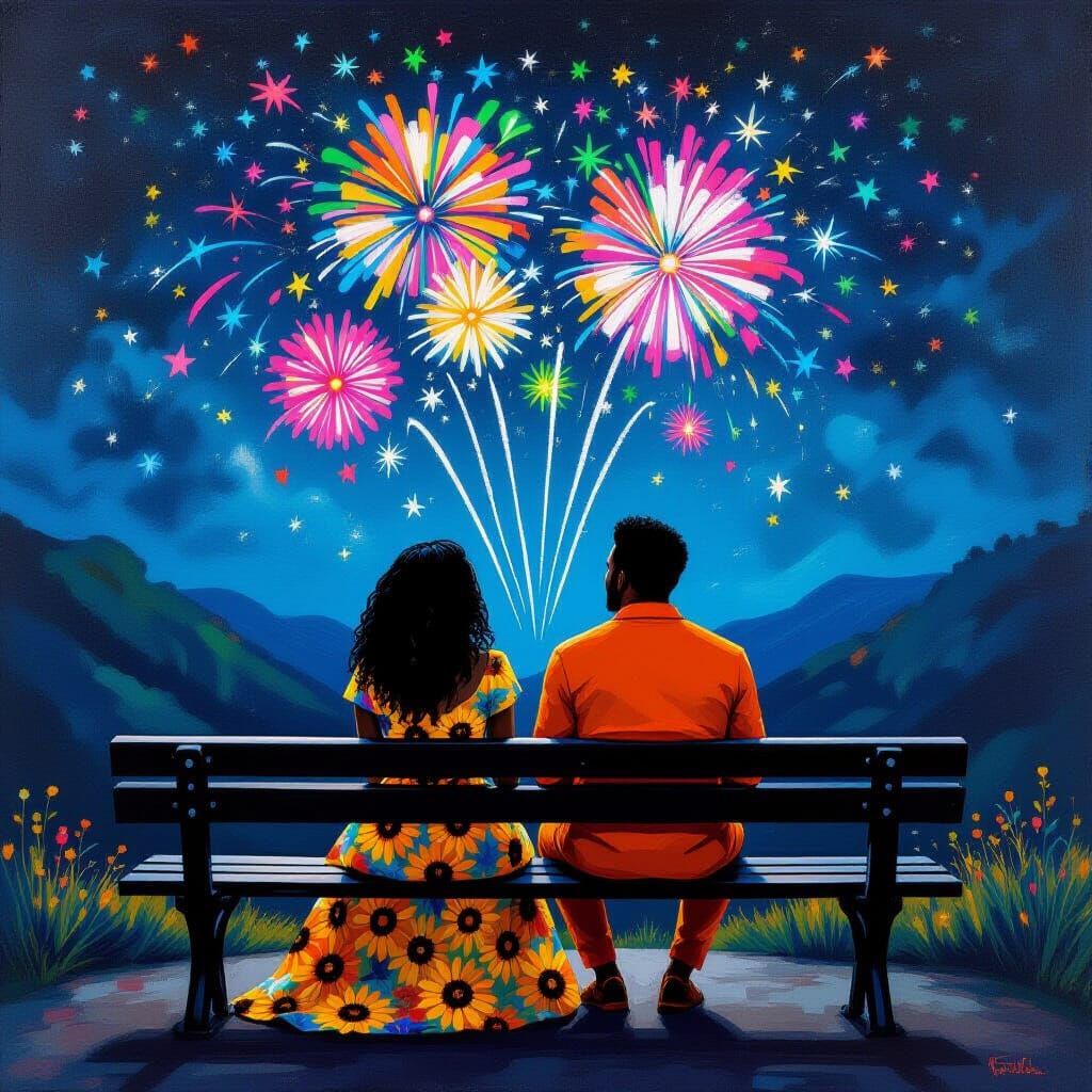 Couple Watches Fireworks in Valley at Night