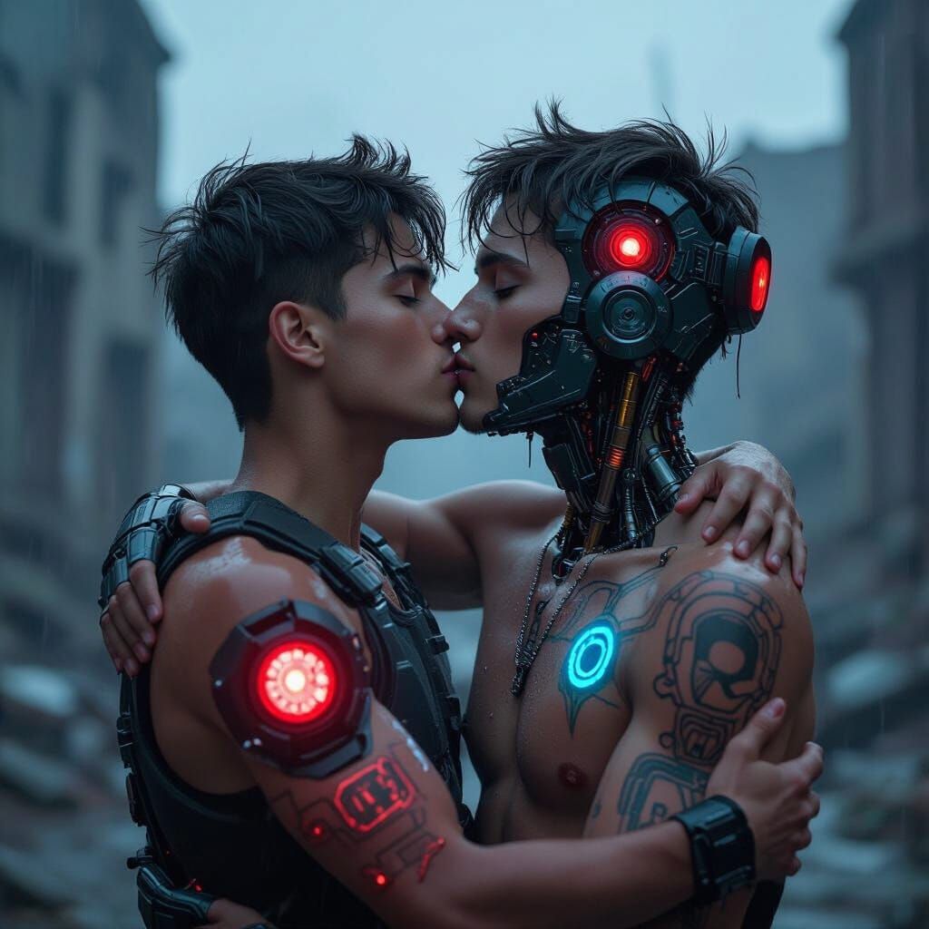 Cyberpunk Kiss in the Rain
