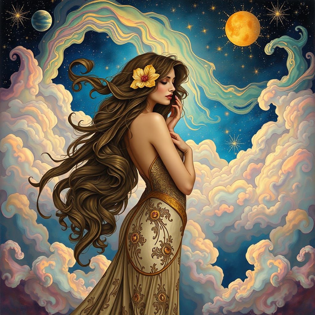 Ethereal Art Nouveau Goddess in Cosmic Clouds