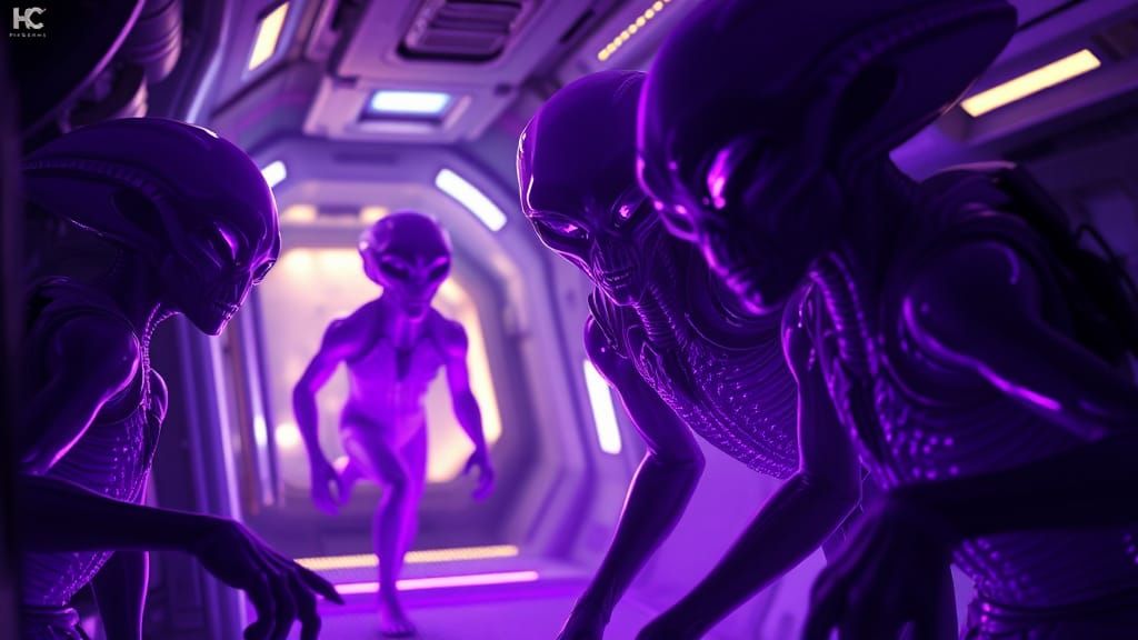 Purple Glowing Aliens Boarding Spaceship in Hyperrealism