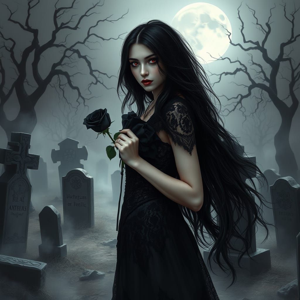 Ethereal Gothic Goddess in Moonlit Graveyard