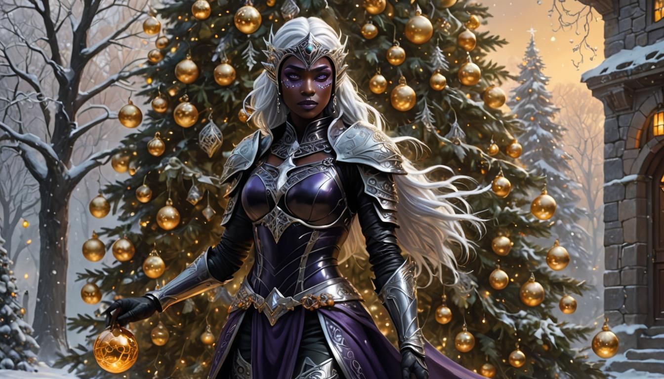 Drow Decorates Christmas Tree in Mystical Forest