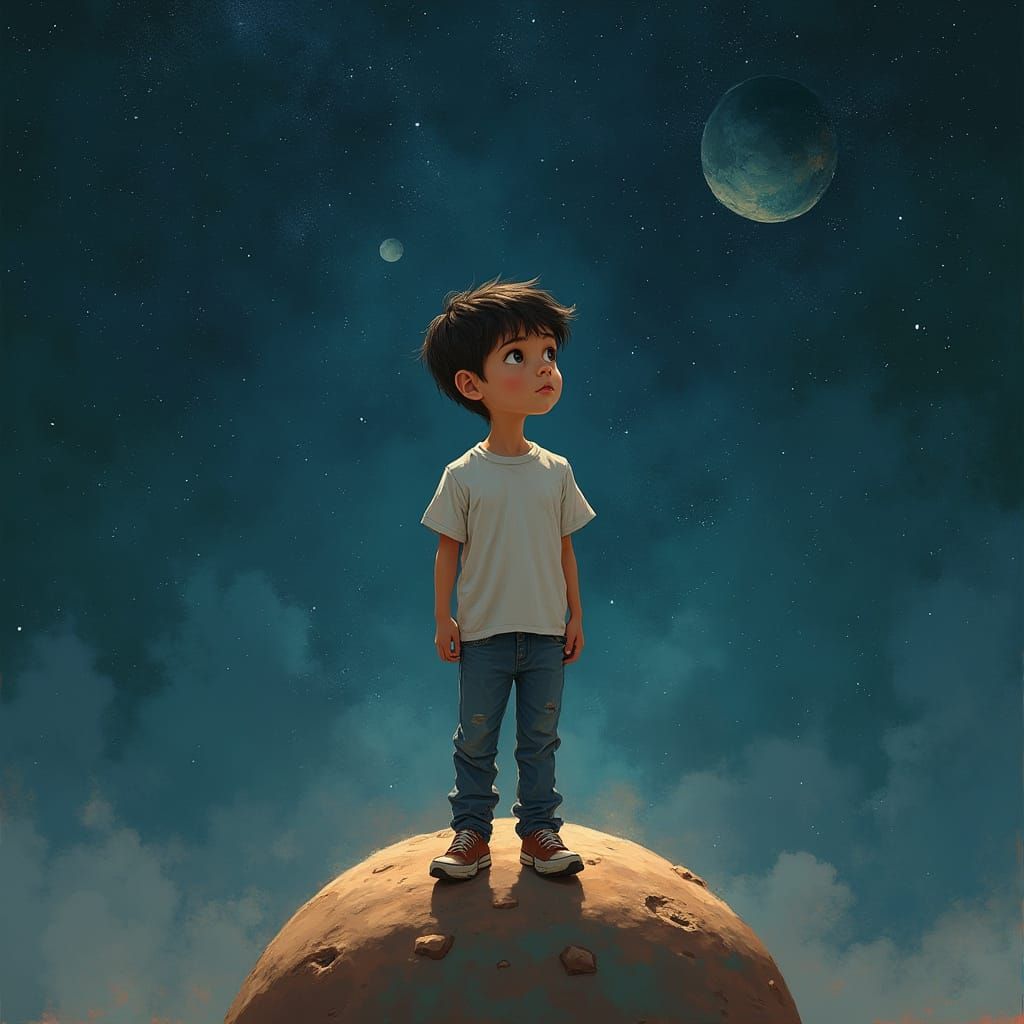 Boy on Tiny Planet in Starry Galaxy