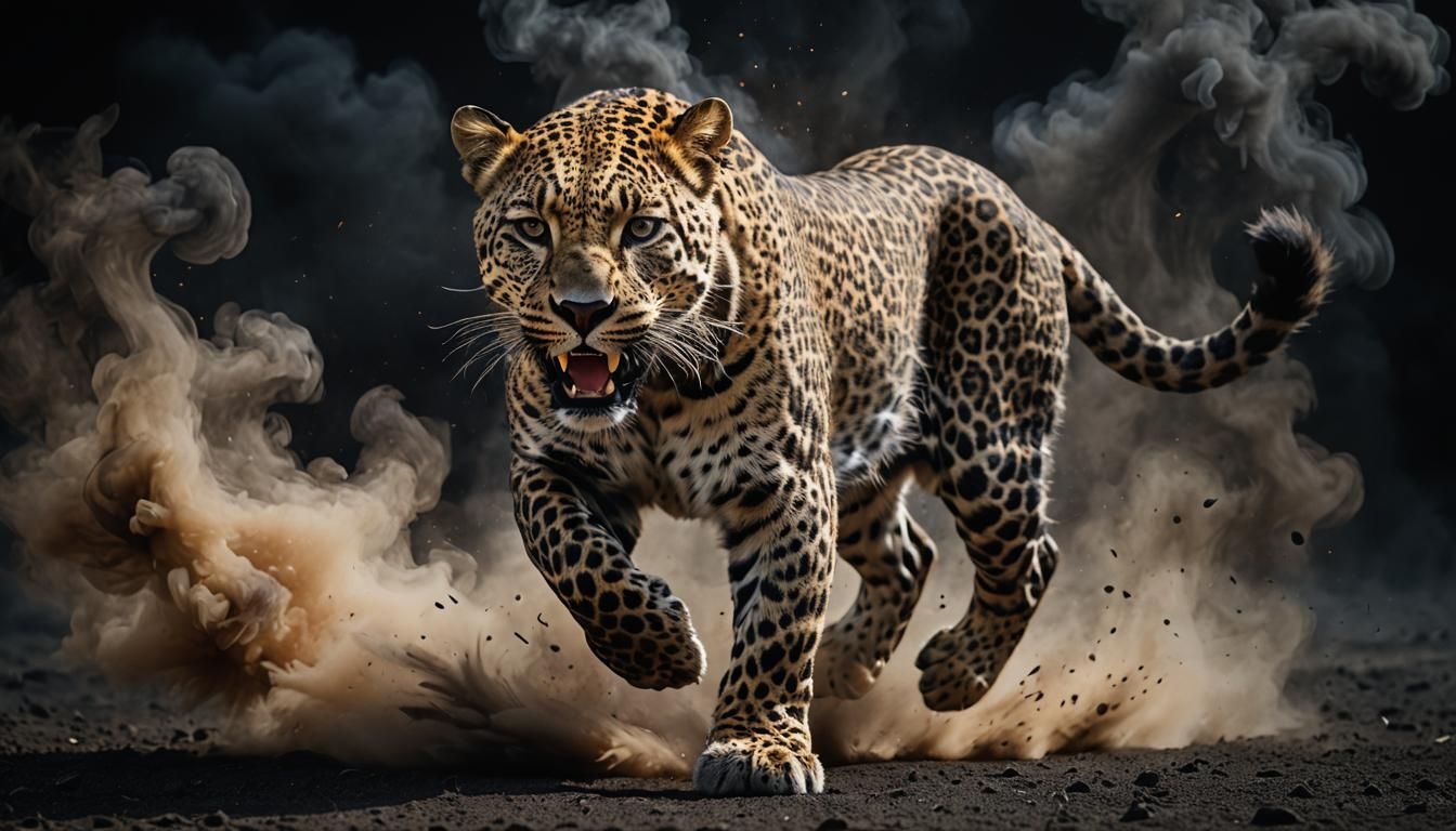 Mystical Smoke Leopard Leaping from Darkness