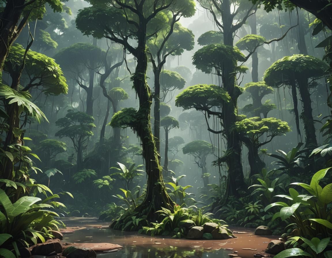 Detailed Anime Rainforest in Rain, 3D Render