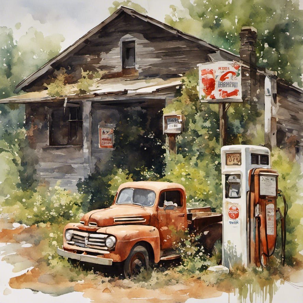 Watercolor Gas Station with Vintage Truck