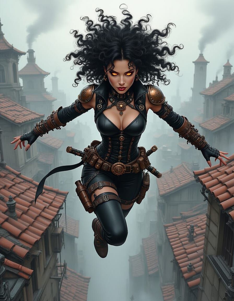 Steampunk Rogue Leaps Across Cityscape in Pen and Ink Style