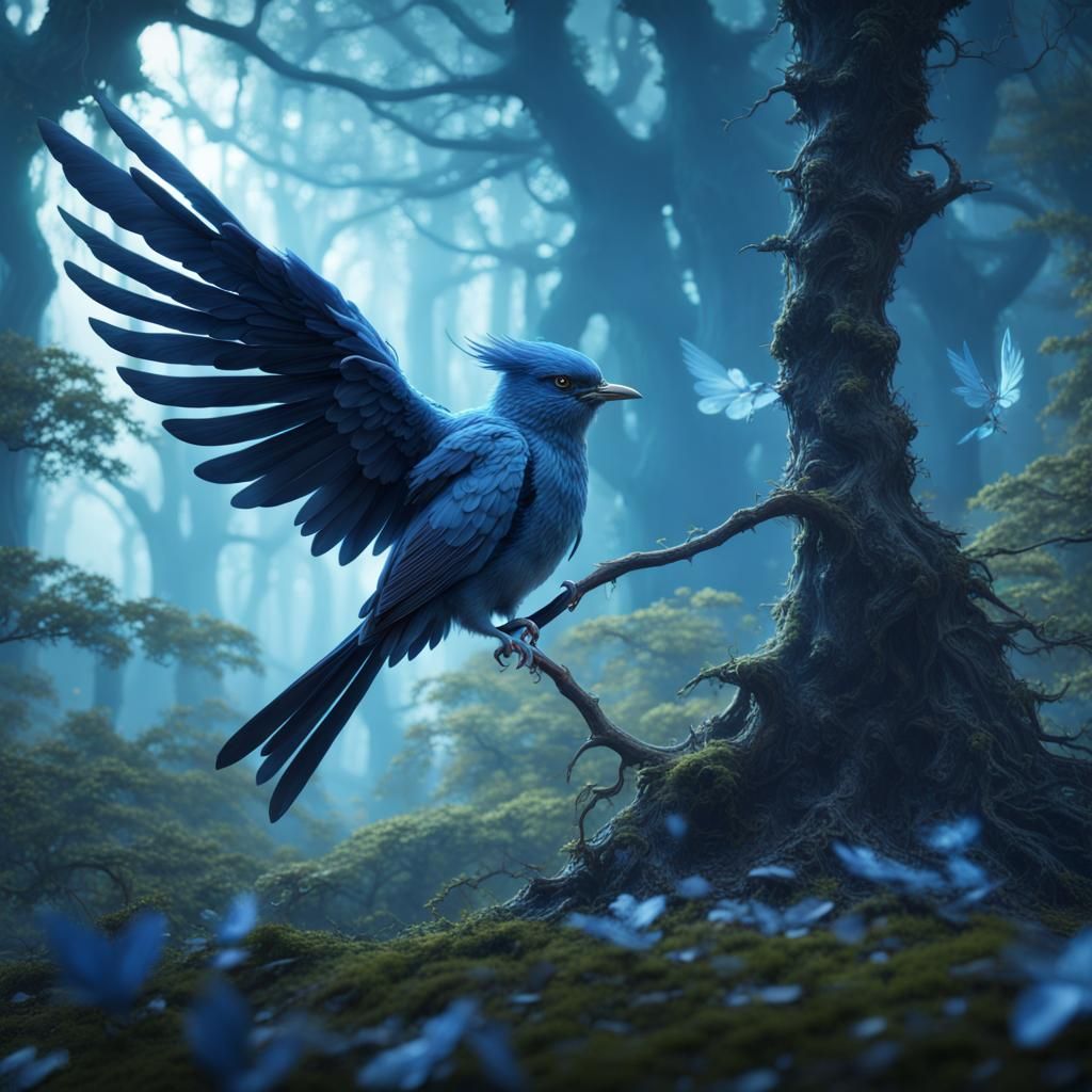 Lightning Bird in Blue Forest: Detailed Matte Painting