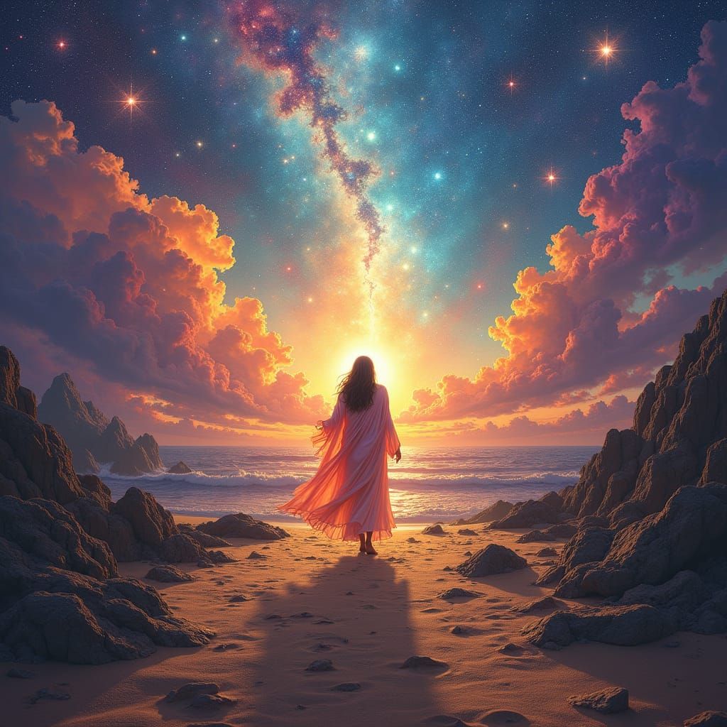 Radiant Figure Walking Towards Glowing Horizon