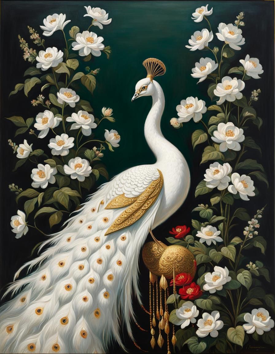 Glorious White Peacock with Gold Lining