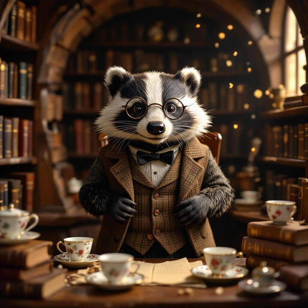 Grizzled Badger Enjoys Tea in Whimsical Burrow Library