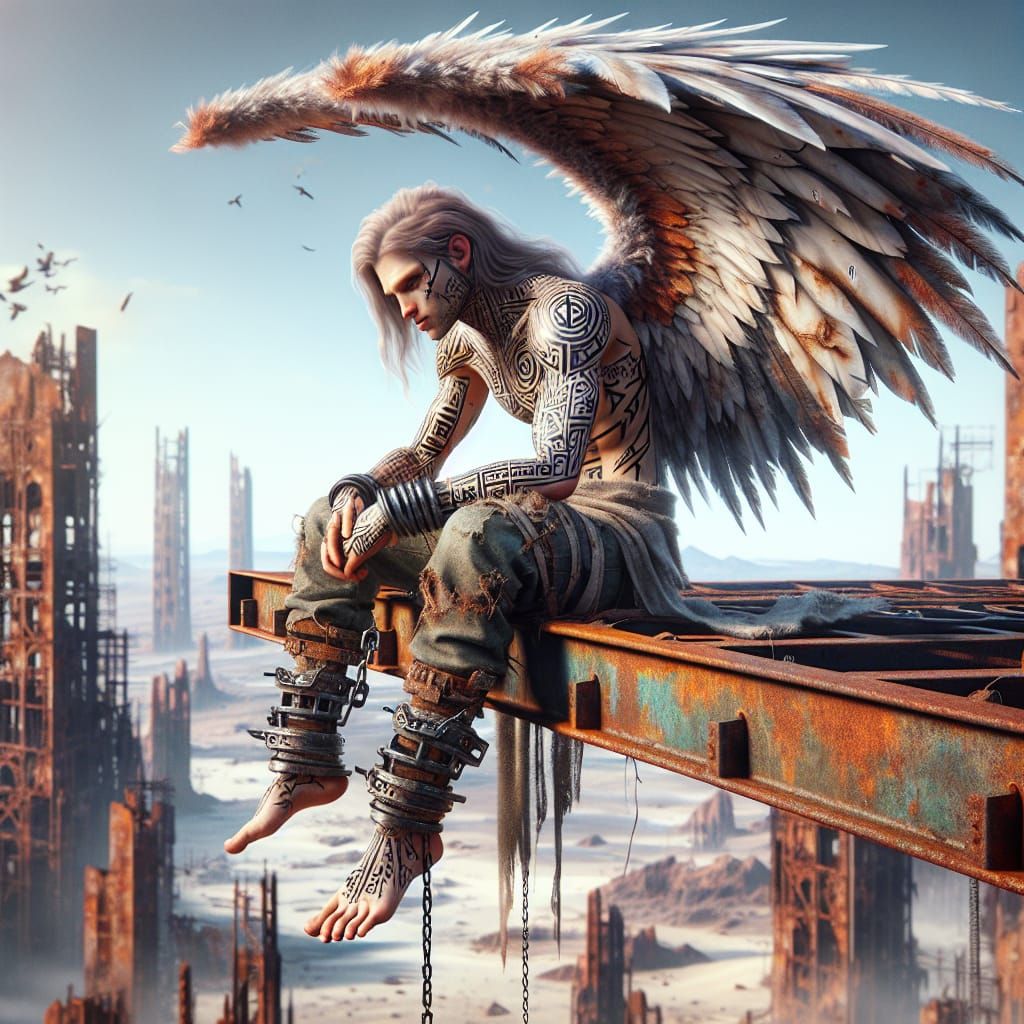 Lost Angel in Thought on Rusty Beam Over Dystopian Desert