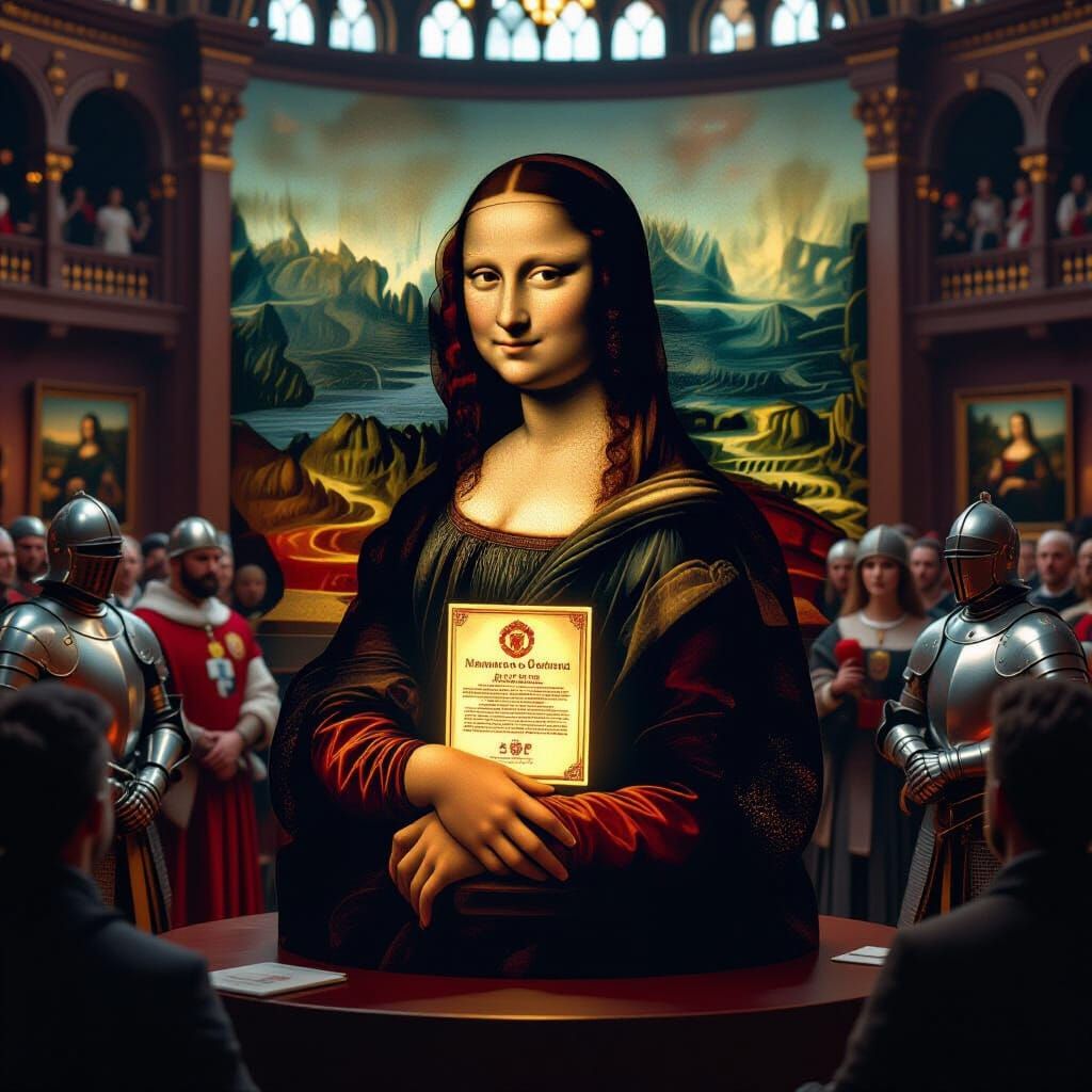 Mona Lisa Hologram in Futuristic Museum-Stadium