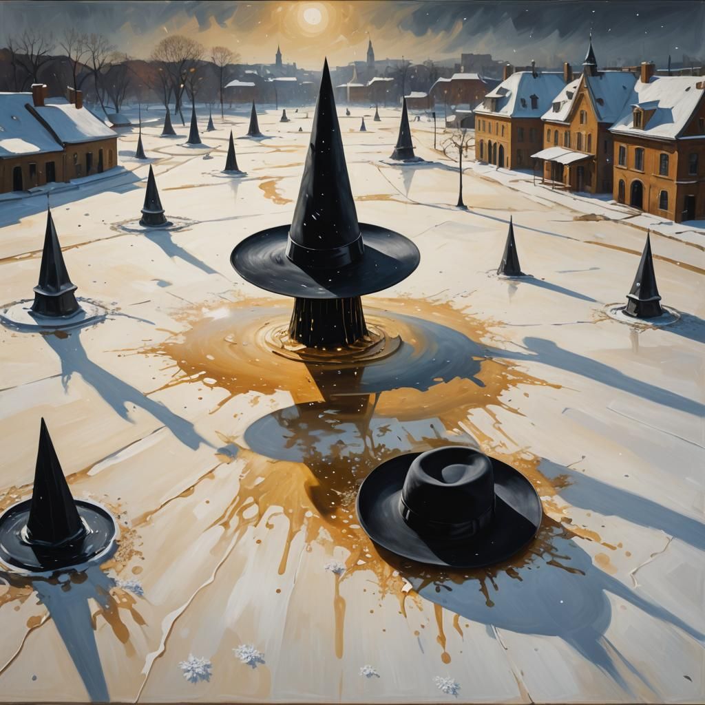 Surreal Black Hat in Snowy Square