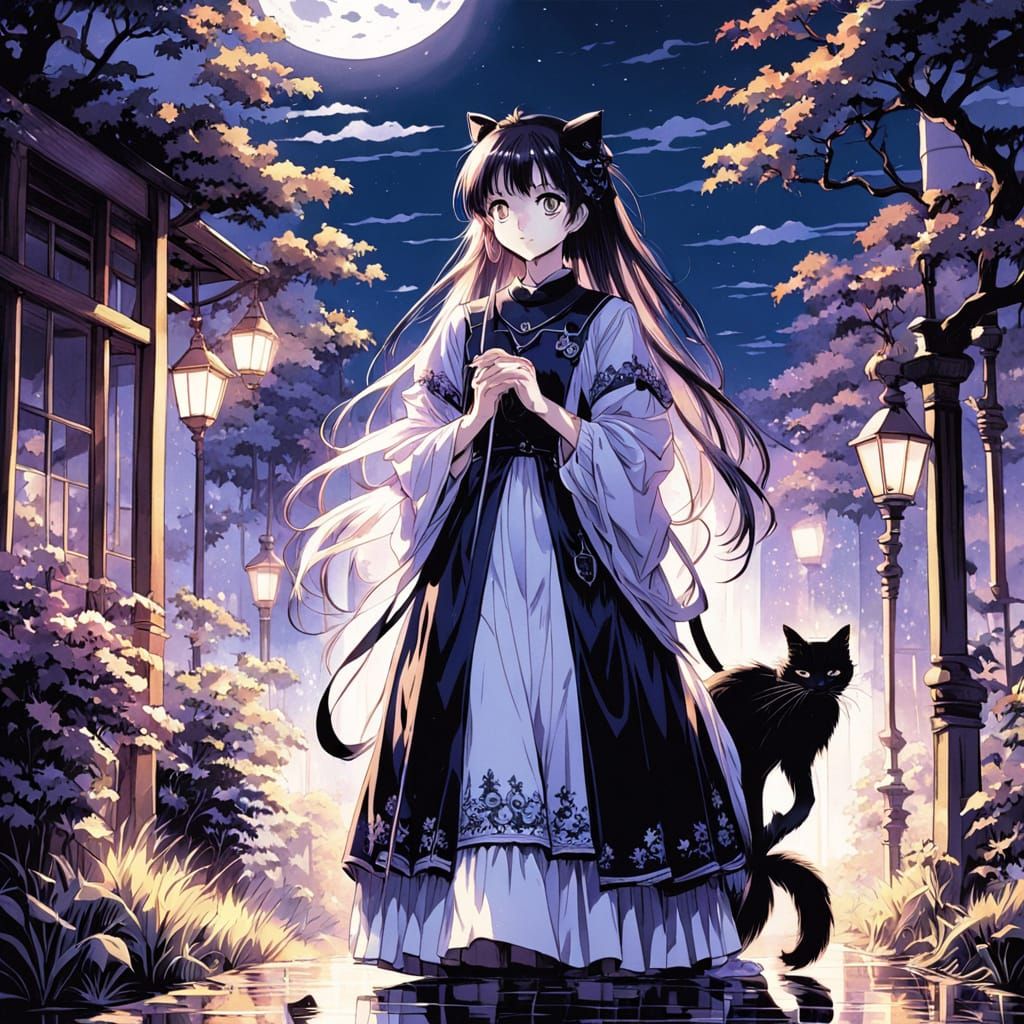 Gothic Manga Girl With Black Cat in Moonlit Garden