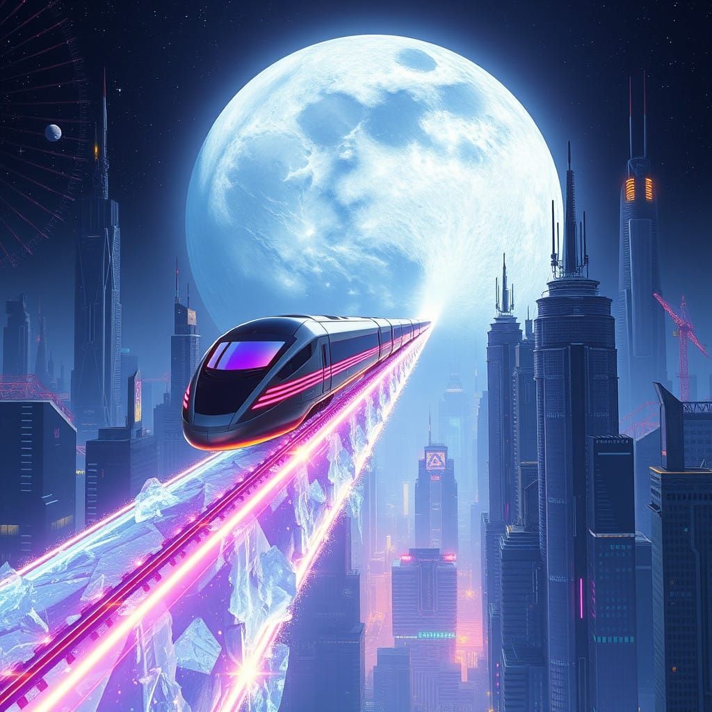 Cyberpunk Train Ascends Lunar Path to Futuristic City