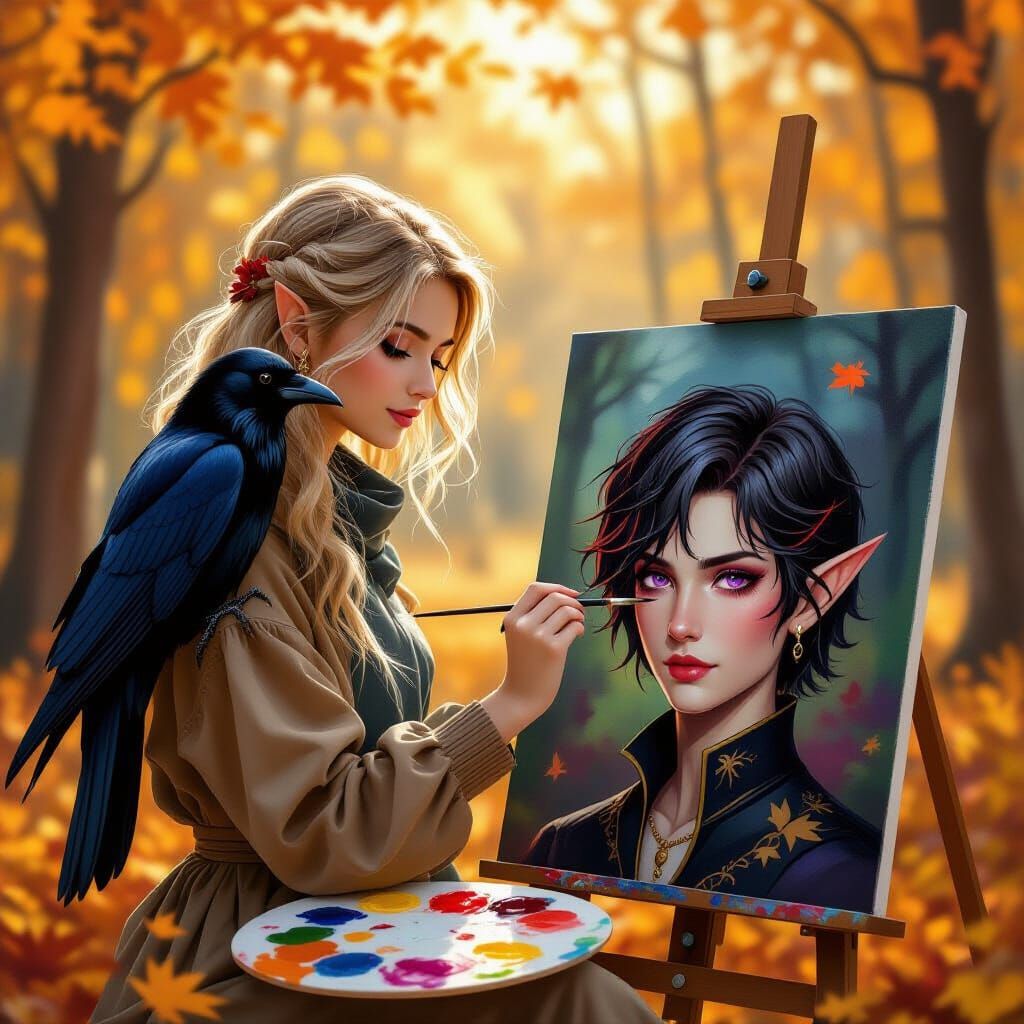Girl Painting Elf Portrait with Raven