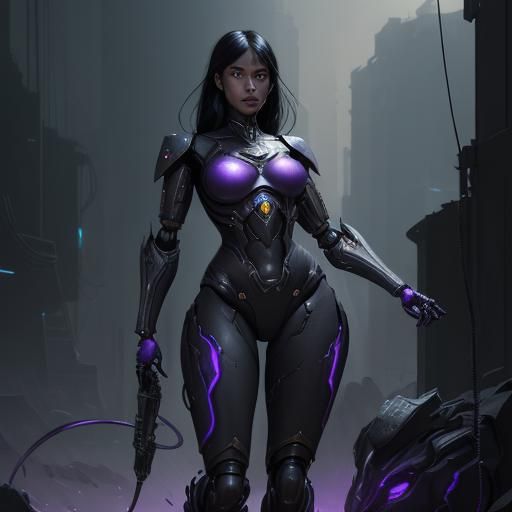 Militant Woman with Robots in Dark Fantasy Style