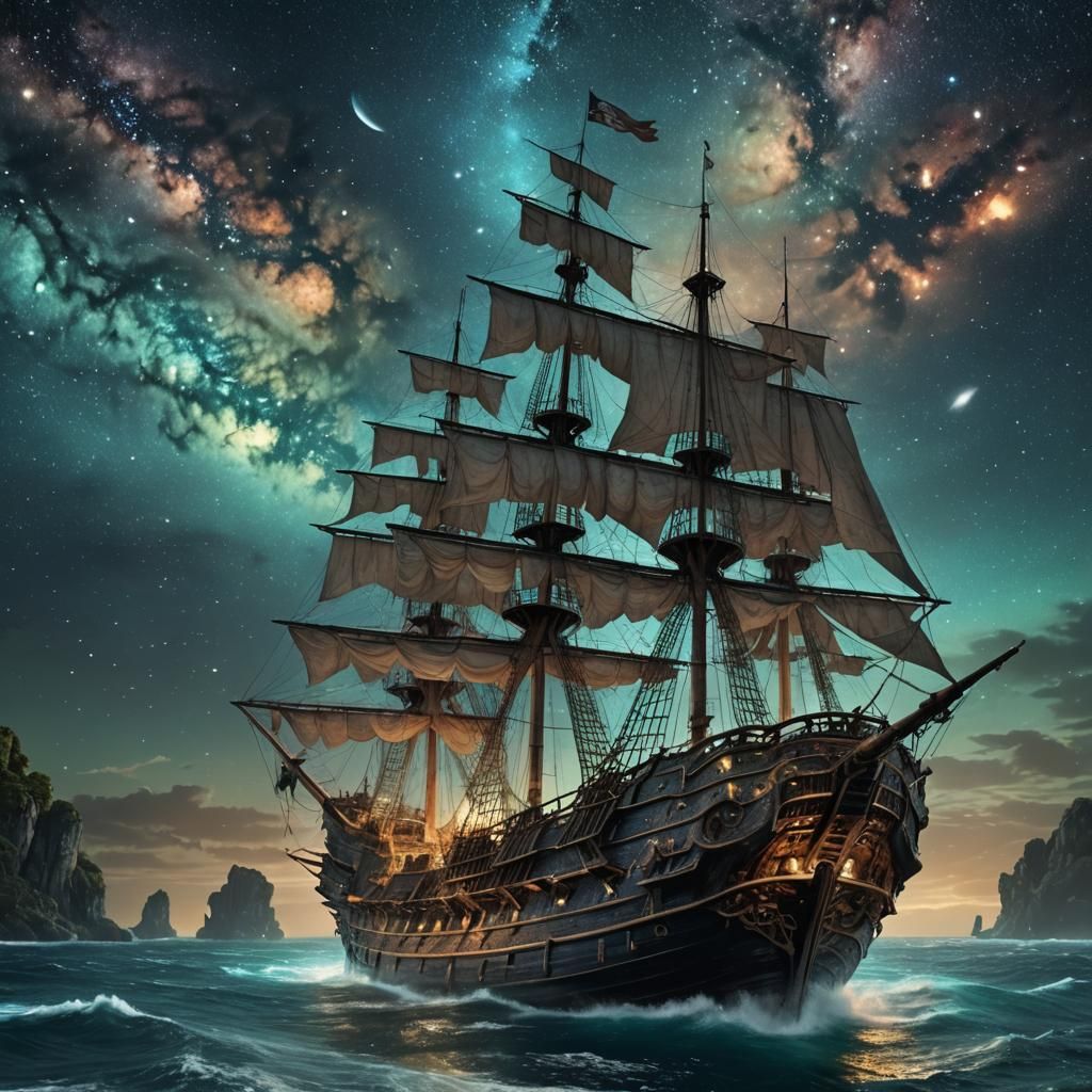 Pirate Ship Sails Bioluminescent Sea Under Galaxy