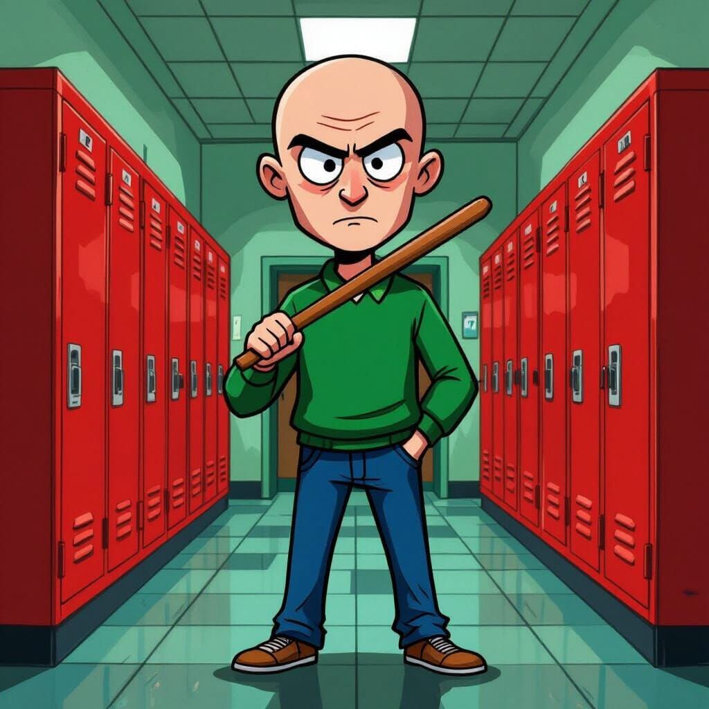 Bald Teacher in Hallway: Noir Illustration with Vibrant Colo...