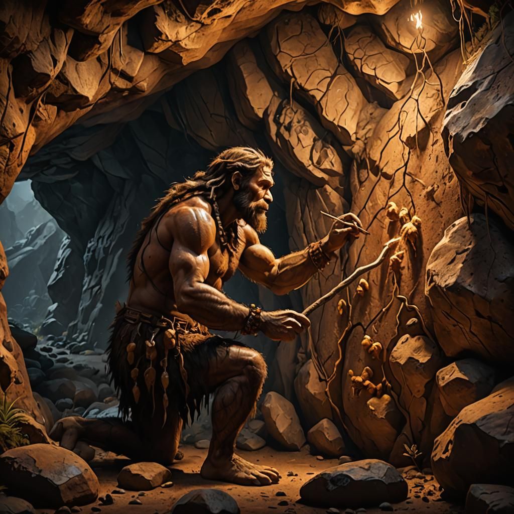 Neanderthal Caveman Creating Stick Figure Cave Art