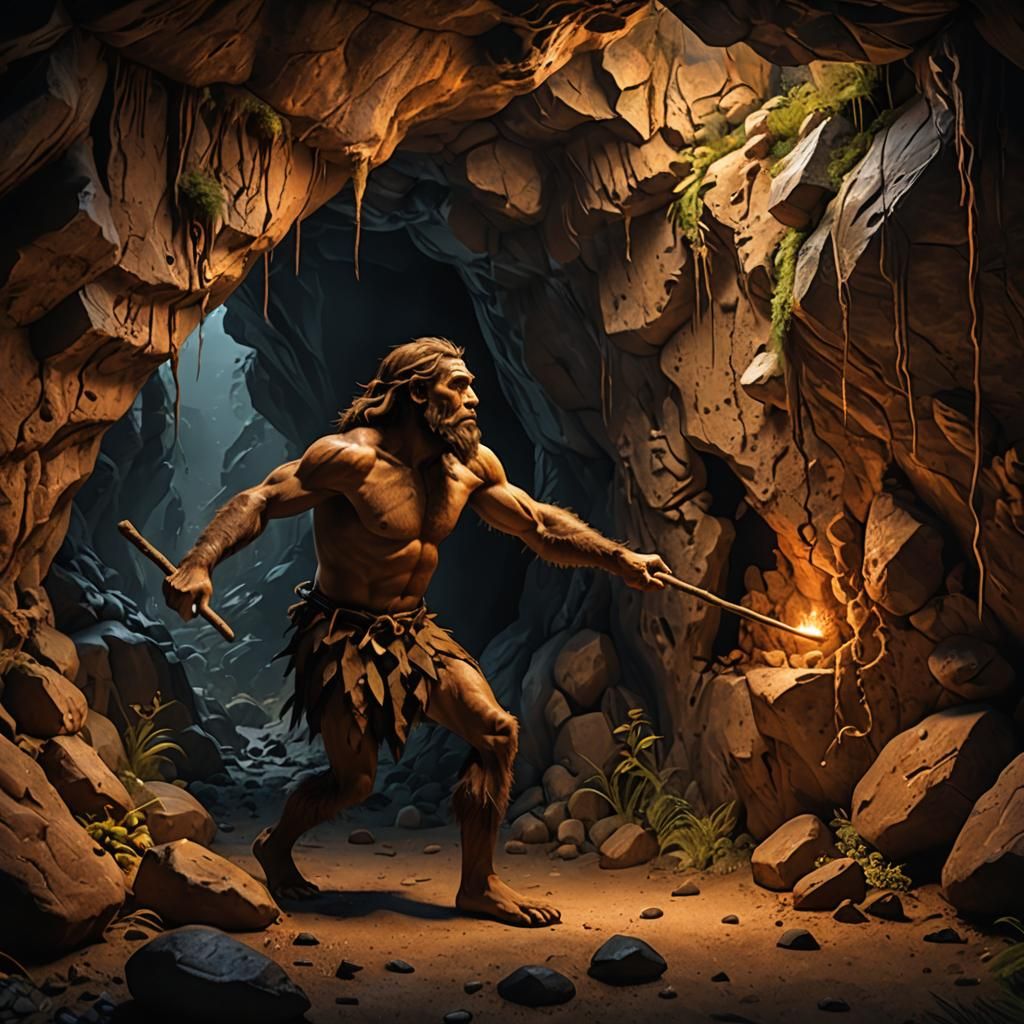 Neanderthal Caveman Paints Stick Figures: Detailed Matte Pai...