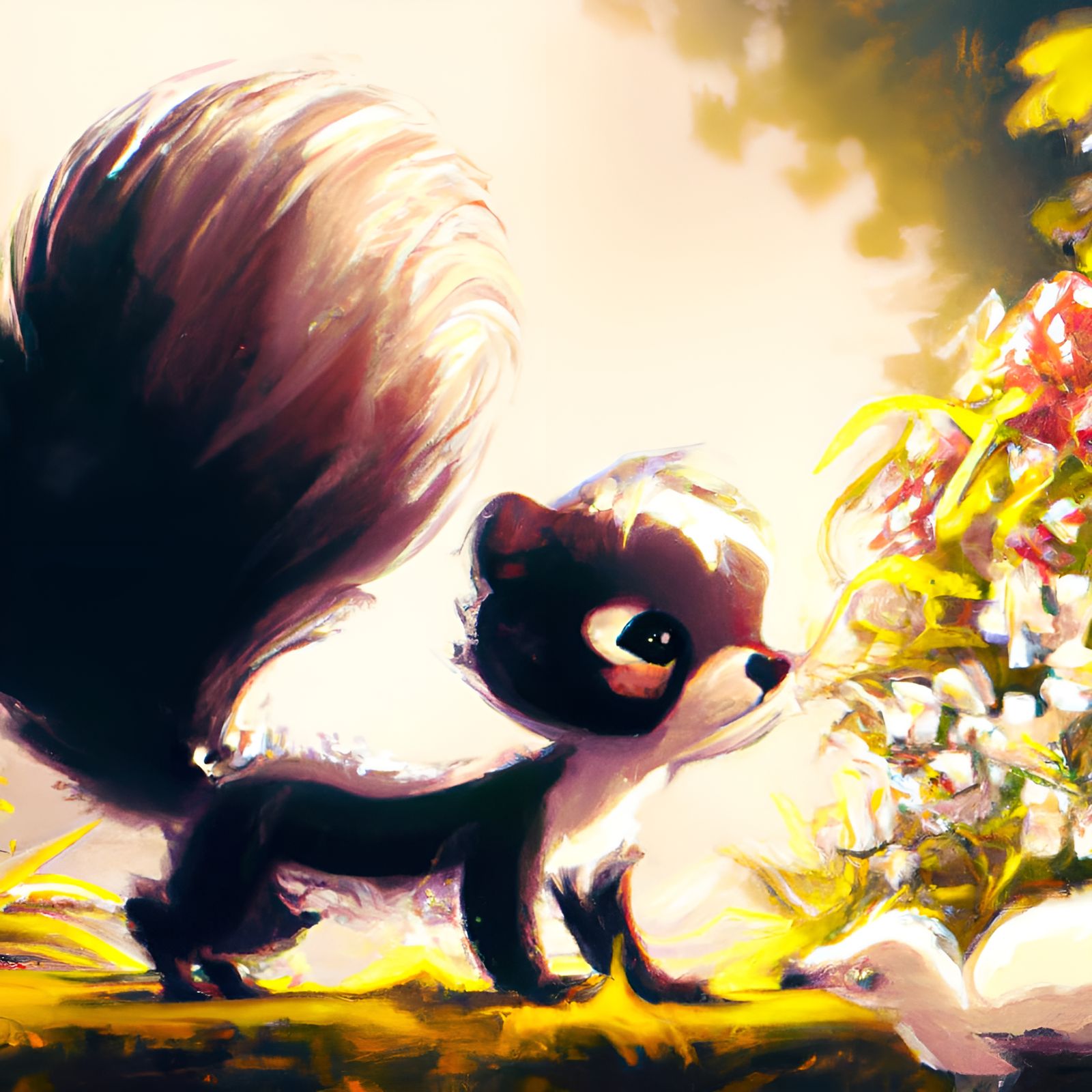 Adorable Kawaii Skunk Surrounded by Flowers, Digital Art