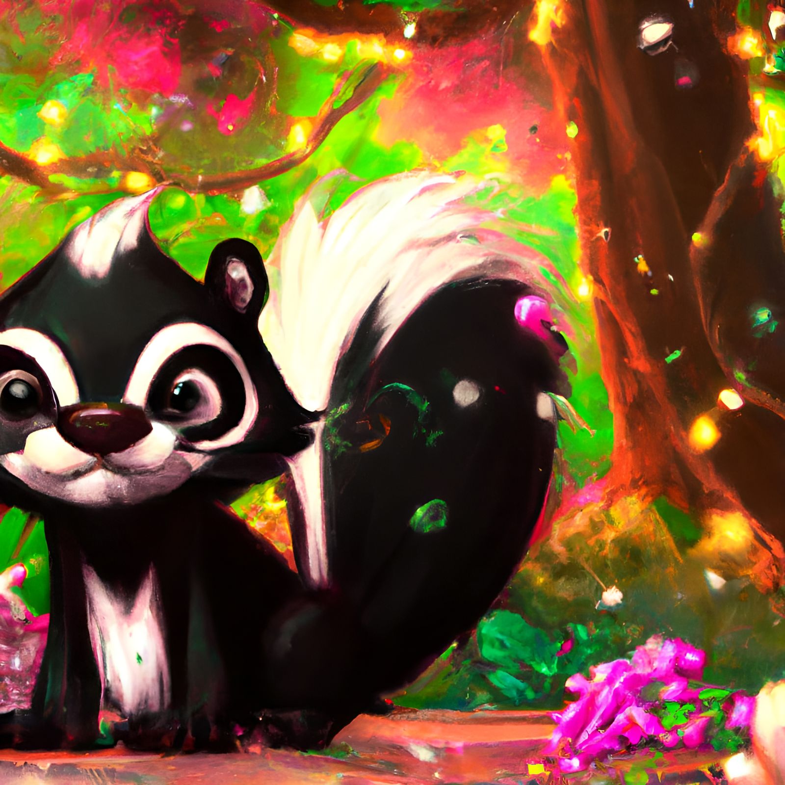 Cute Skunk in Forest, Kawaii Digital Art