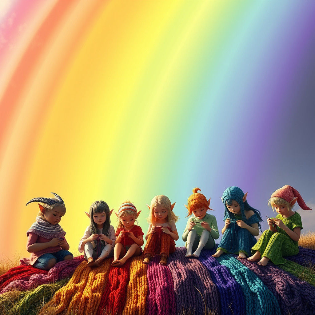 Rainbow Knitting with Elves in Golden Light