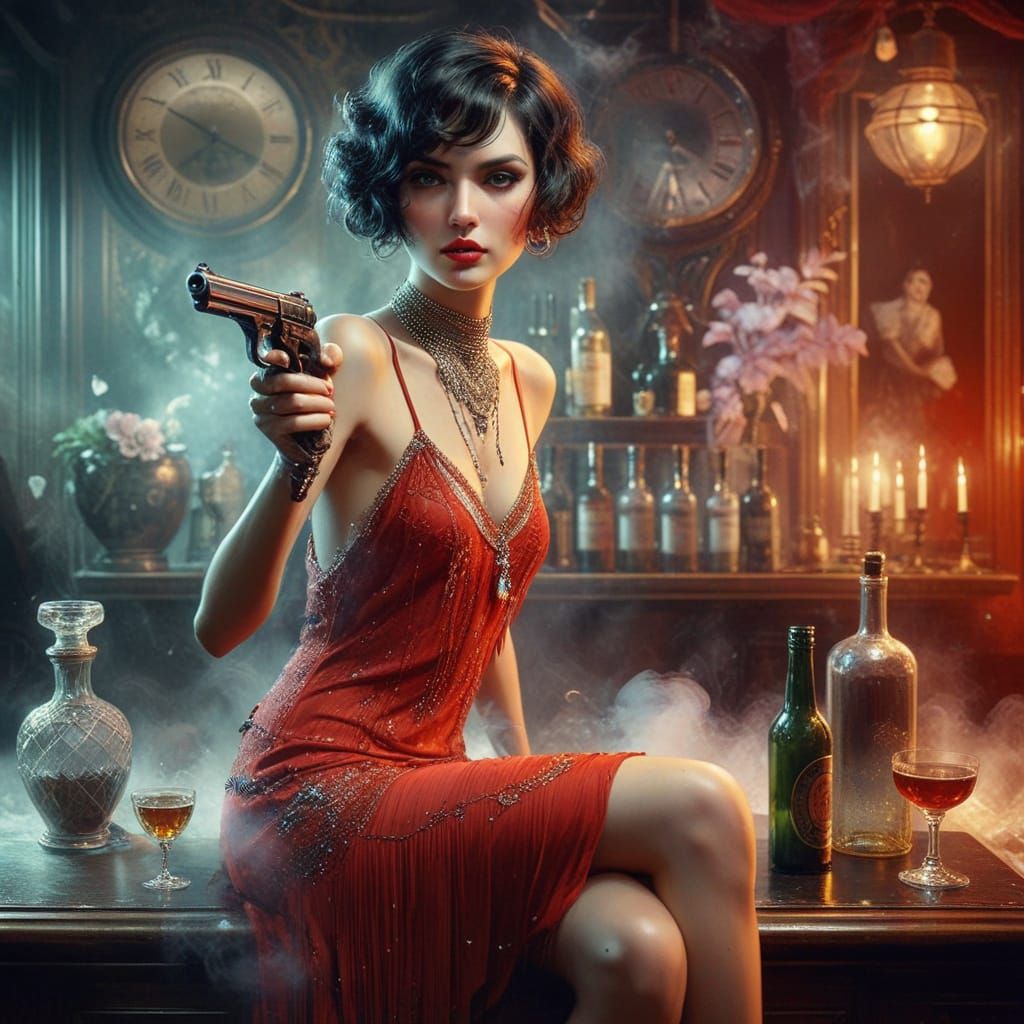 1920s Flapper in Speakeasy with Pistol, Detailed Art