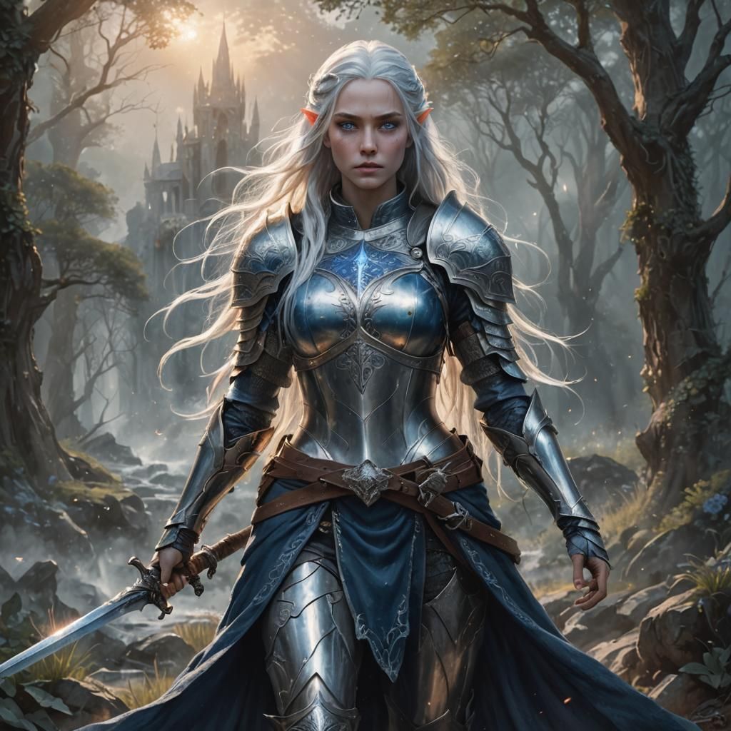A Female Elven Time Knight In gray and dark blue armor. Long...