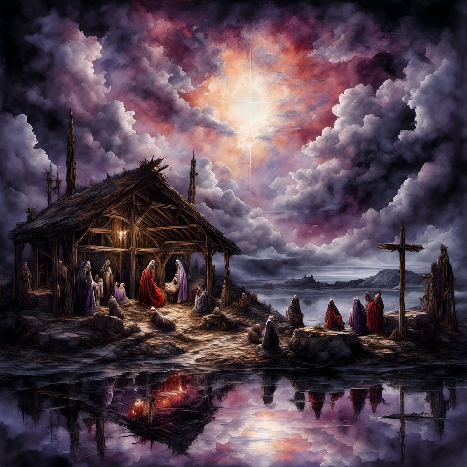 Nativity Scene Emerging from Clouds in Digital Art