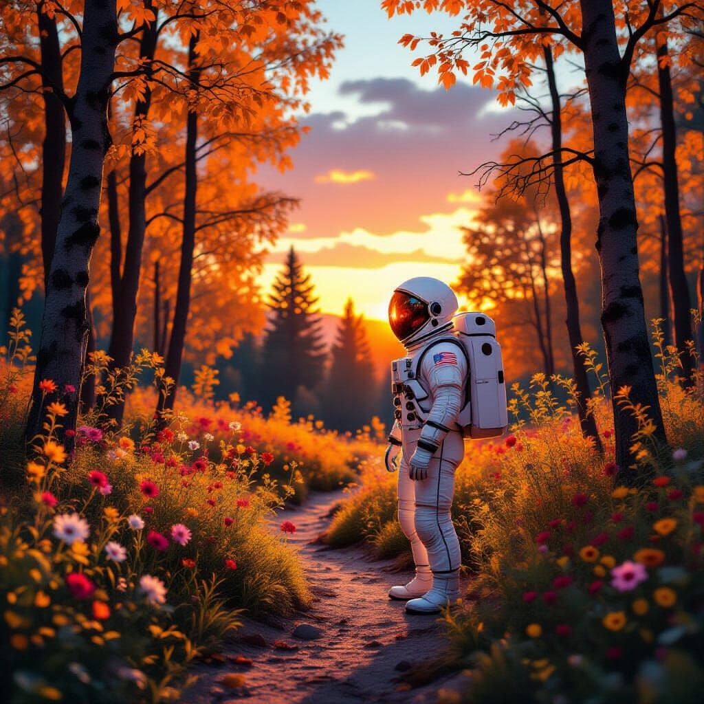 Astronaut in Forest at Sunset, Abstract Art Style