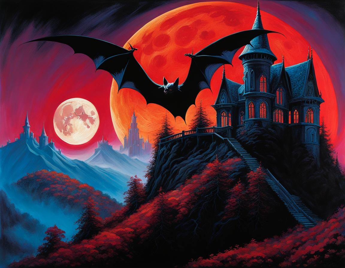 Nocturnal Bat Over Gothic Castle, Kilian Eng Style