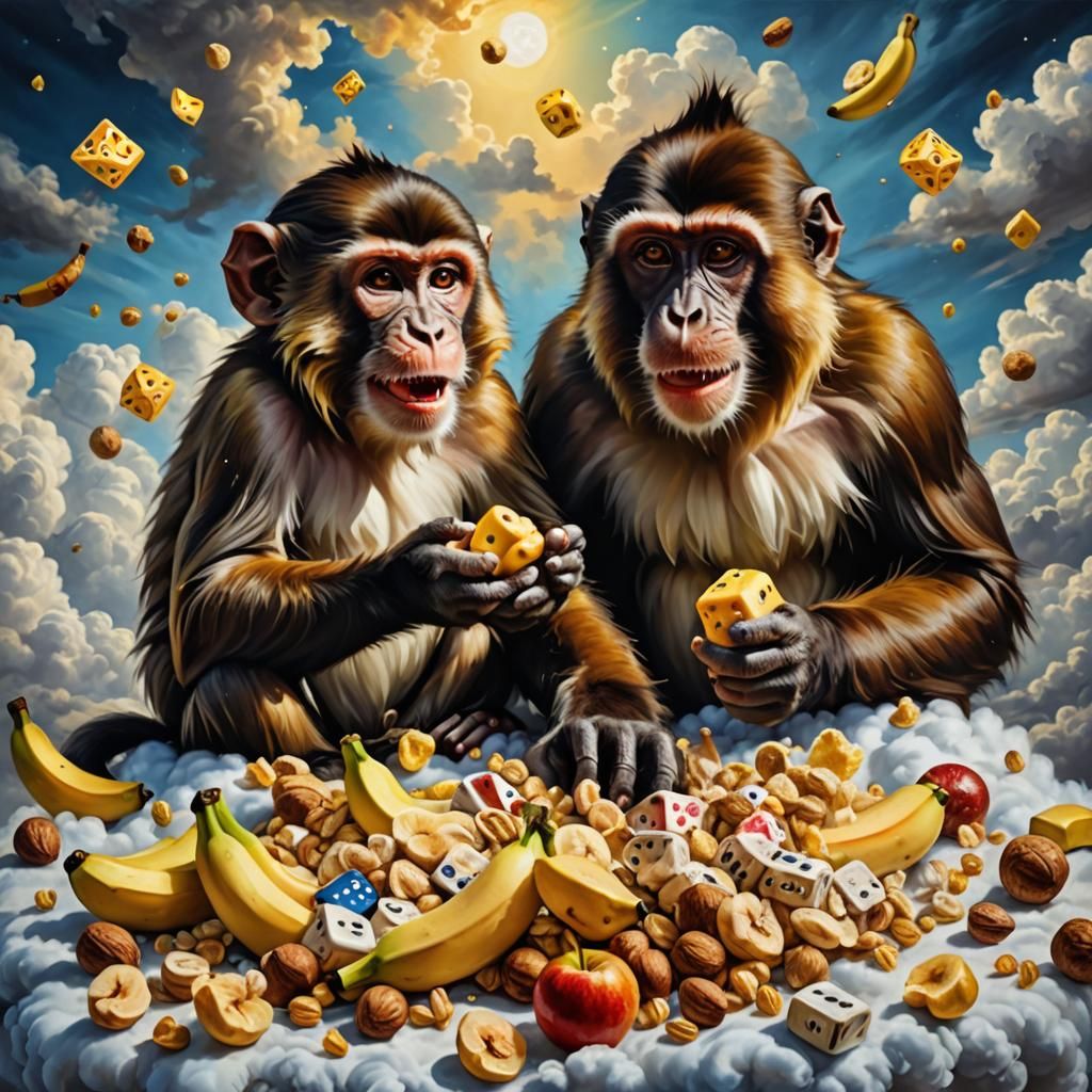 Monkey Couple's Whimsical Cloudtop Game in Oil Painting