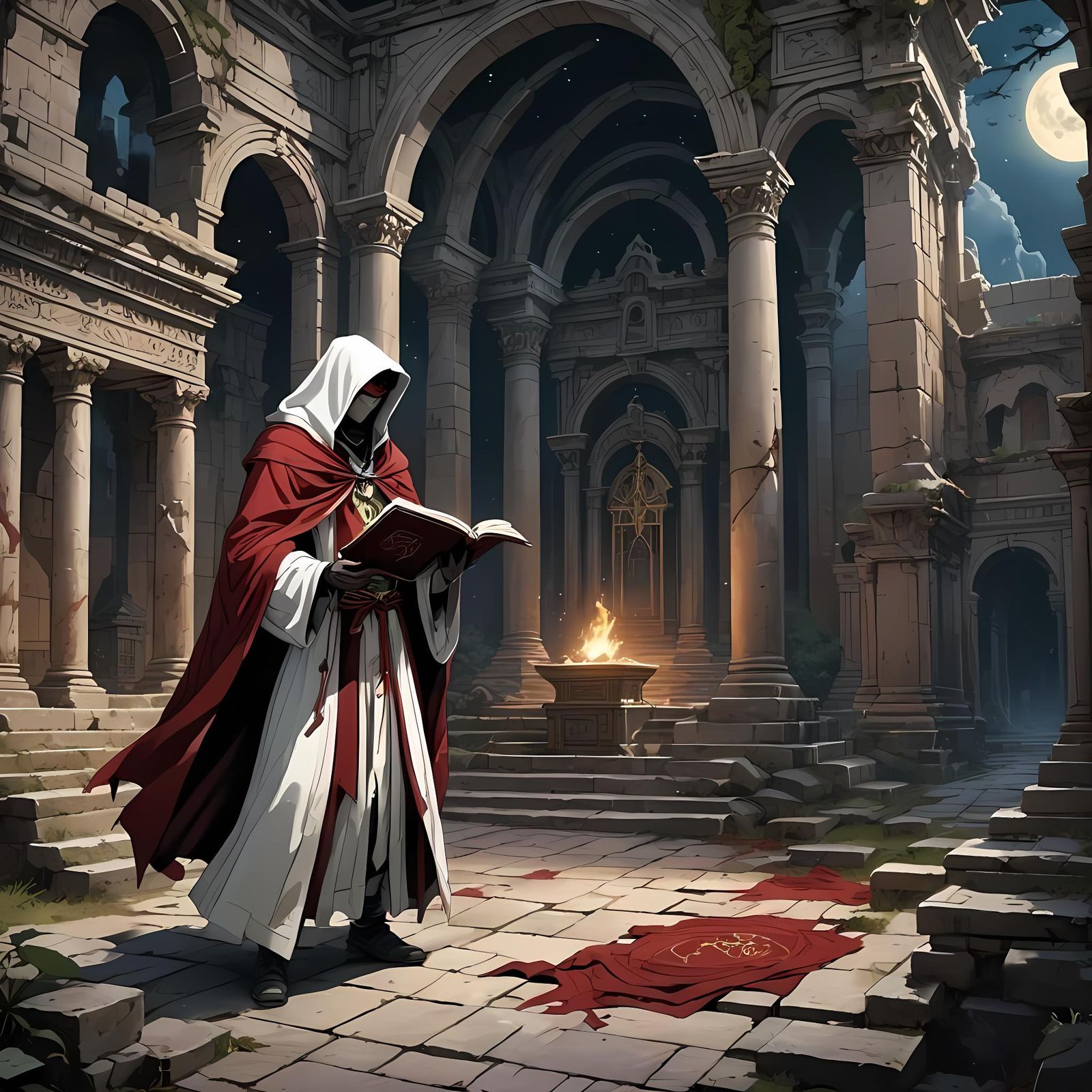 Crimson Sorcerer in Mausoleum Ruins at Night