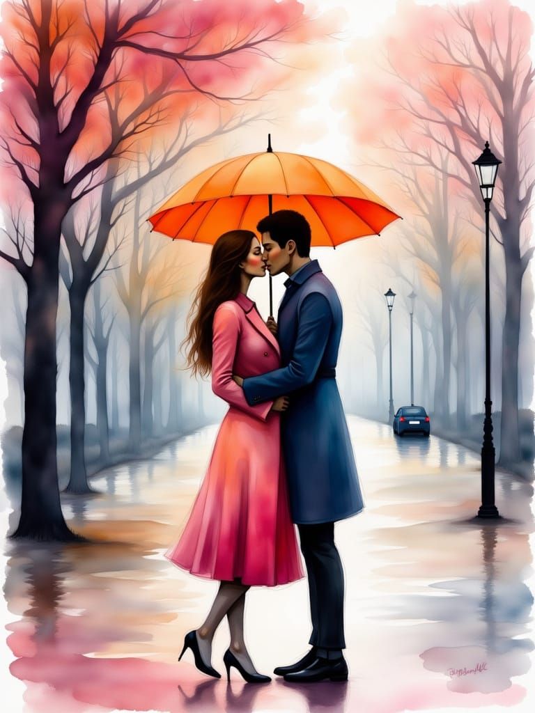 Passionate Kiss Under Orange Umbrella in Autumn Rain